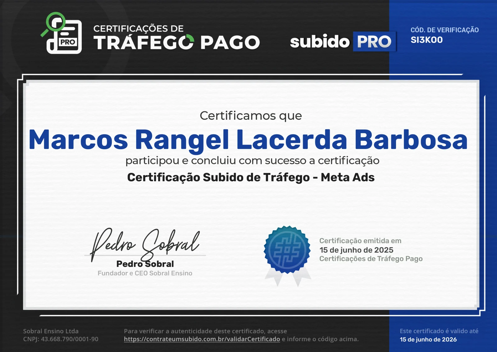 Certificado Subido de Tráfego Meta Ads de Marcos Rangel Lacerda Barbosa